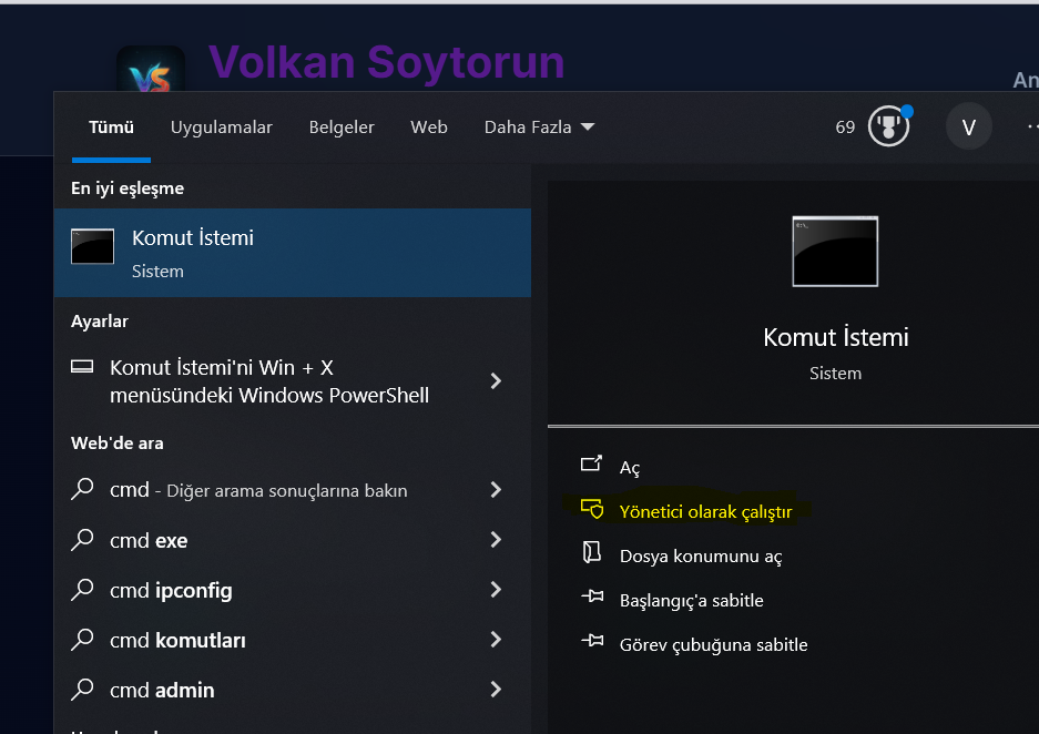 CMD Yönetici Olarak Çalıştırma